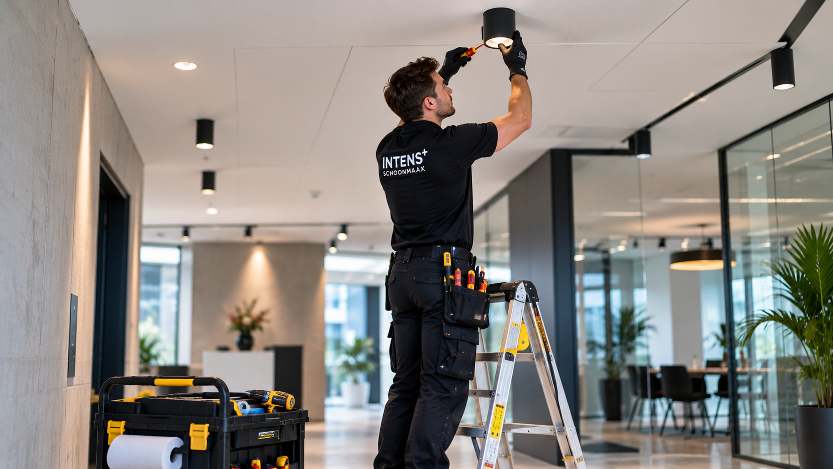 Monteur installeert plafondlamp in modern kantoor