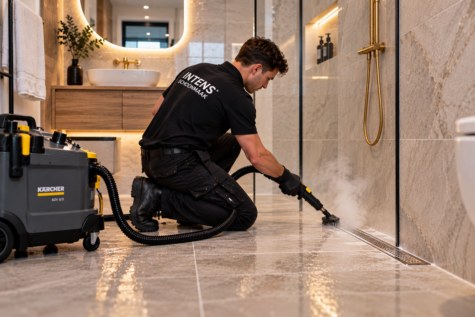 Stoomreiniging van een luxe badkamer